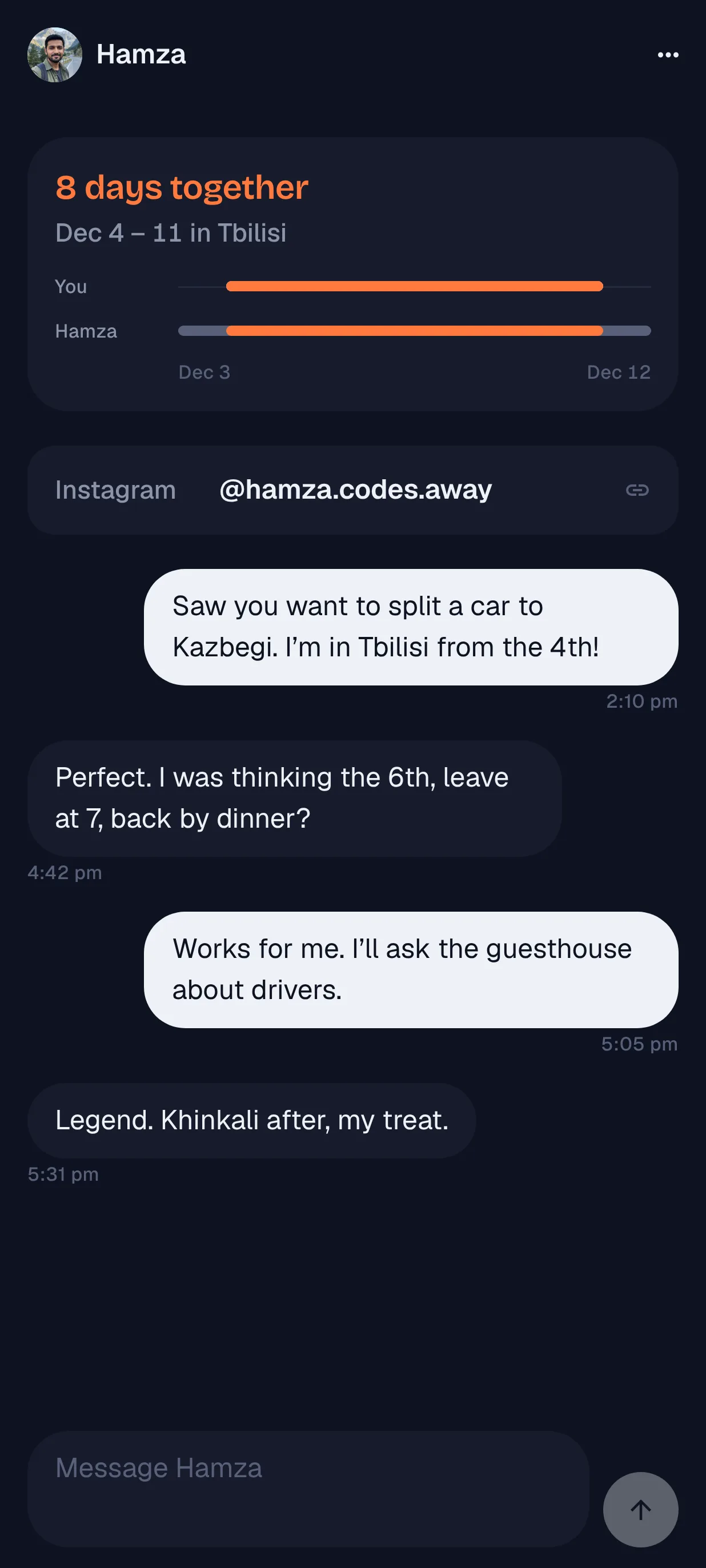 A Twayn conversation planning a trip to Kazbegi