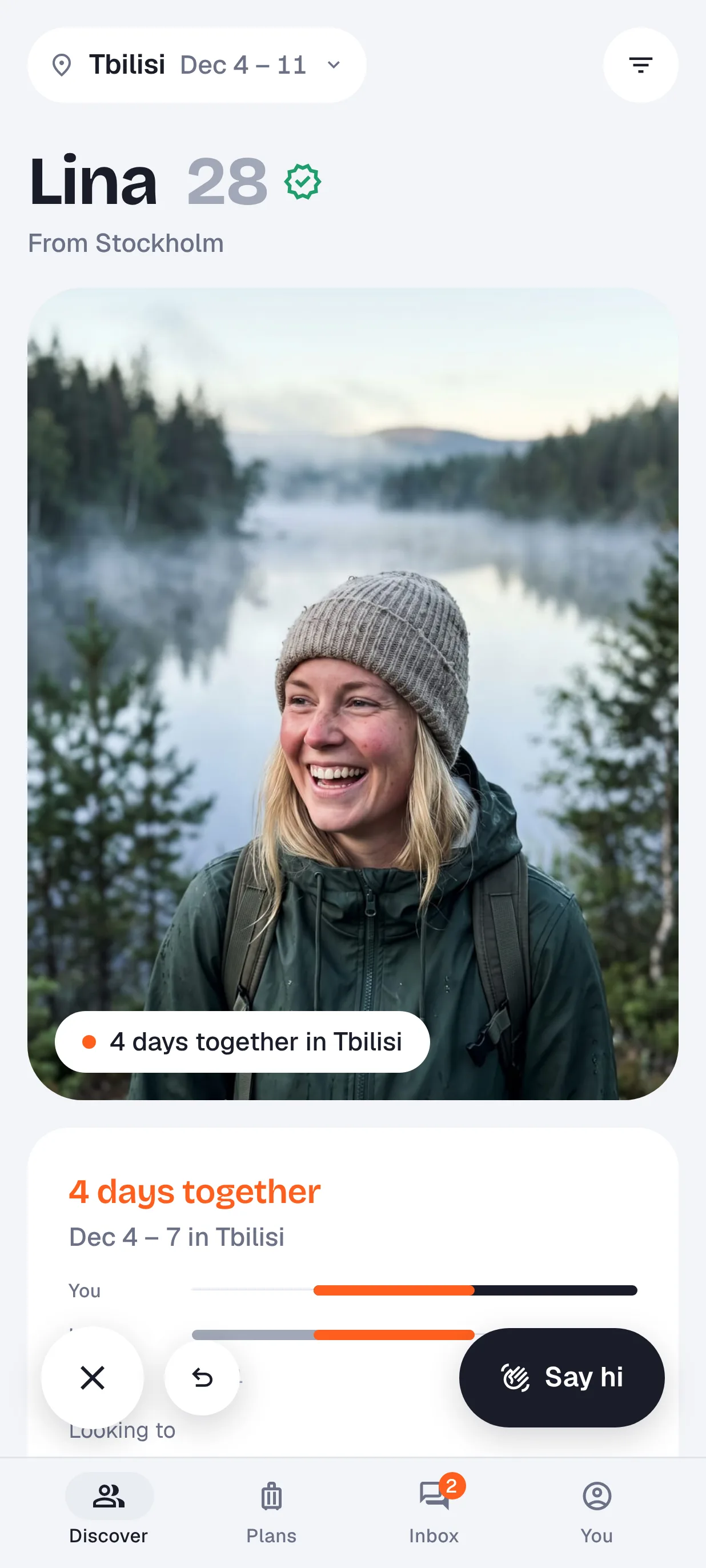 Twayn Discover screen showing Lina, 28, from Stockholm, with 4 days together in Tbilisi
