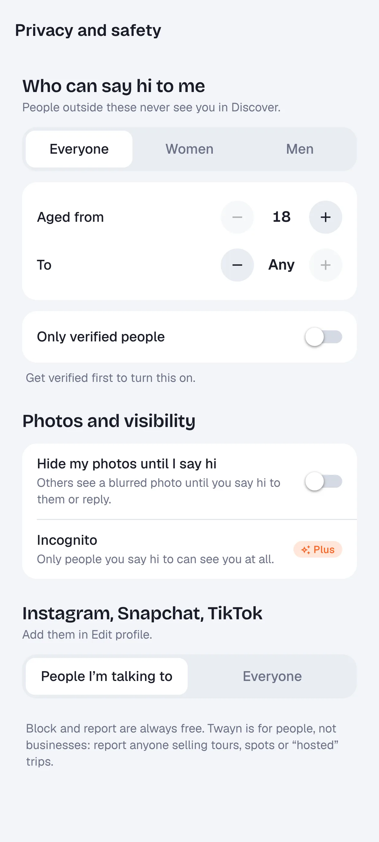 Privacy and safety settings in Twayn